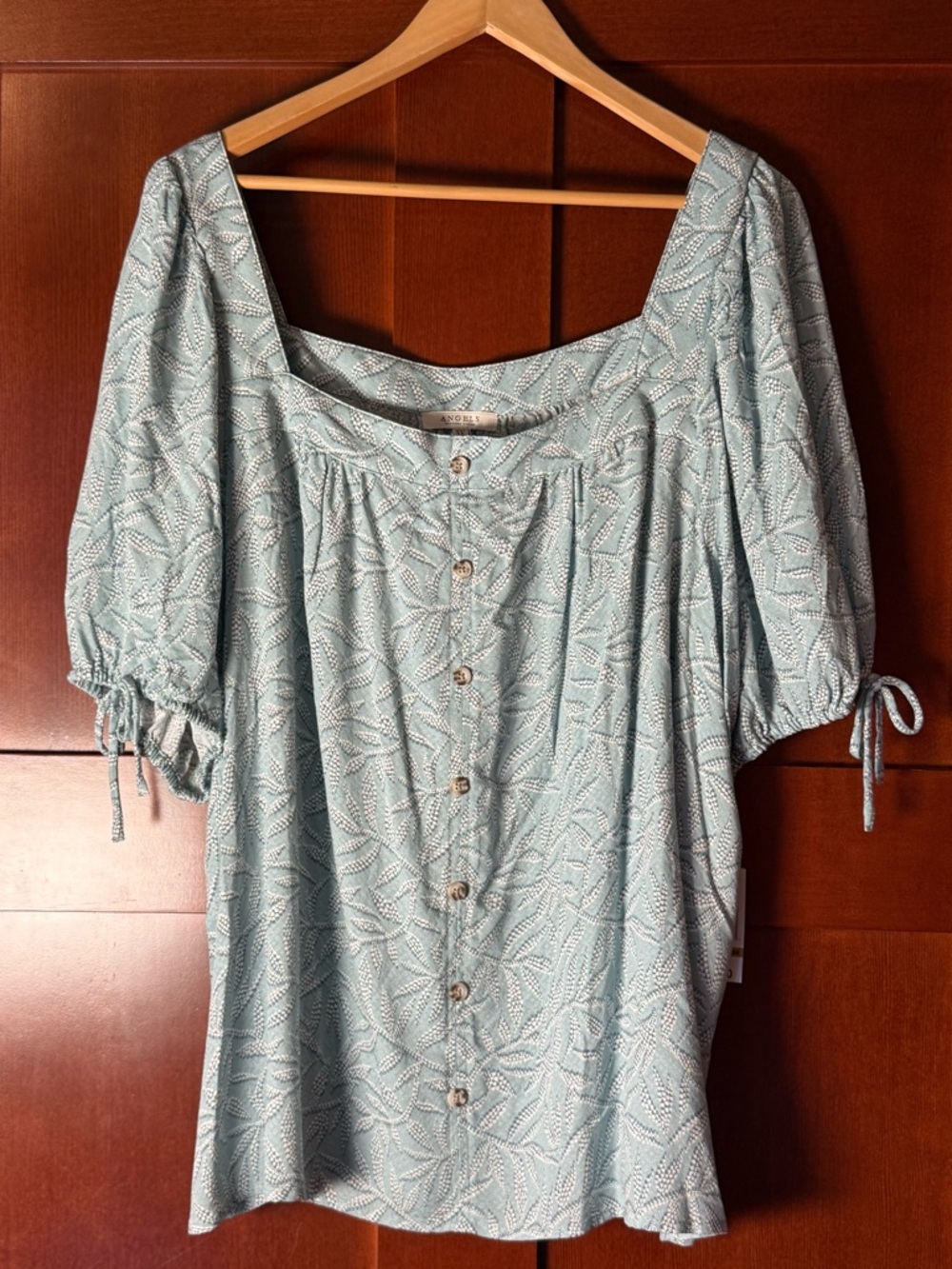 Angels Pale Aqua Leaf Print Short Sleeve Peasant Blouse NWT Size 3X
